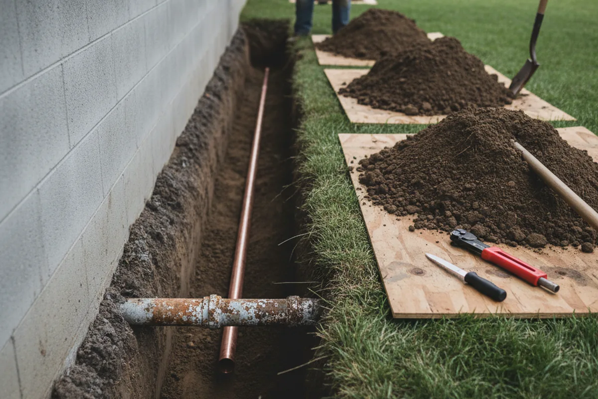 Excavated water line trench during Water Softener Installation in Mountainburg